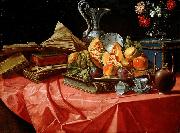 Cristoforo Munari vasetto di fiori e teiera su tavolo coperto da tovaglia rossa oil painting artist